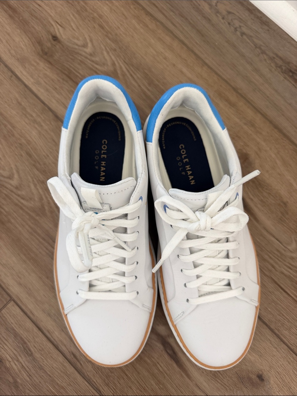Cole Haan White Leather Golf Sneakers with Blue Heel Trim
